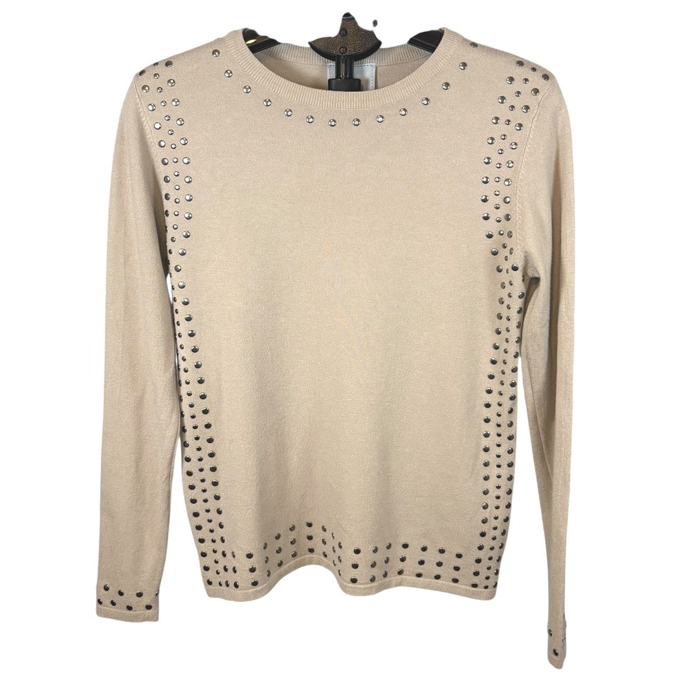 LIV Milano Women‎ Beige Studded Crew Neck Long Sleeve Knit Sweater Small